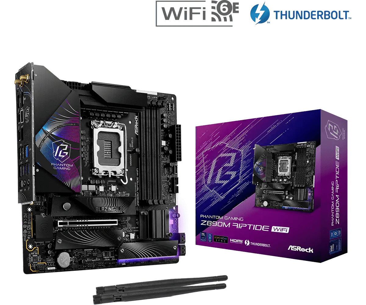 ASRock PHANTOM GAMING Z890M Riptide WiFi LGA1851 Socket Gaming Motherboard - Vektra Computers LLC ASRock PHANTOM GAMING Z890M Riptide WiFi LGA1851 Socket Gaming Motherboard - Vektra Computers LLC